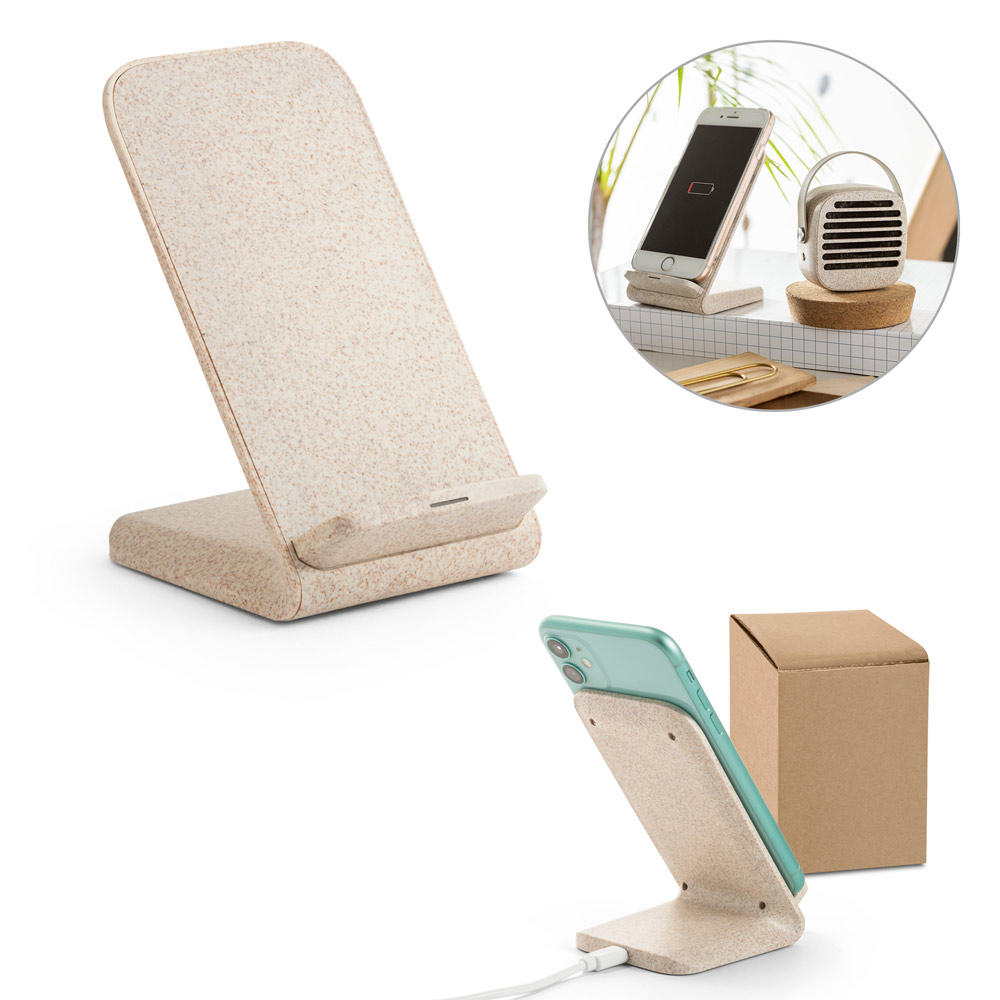 Suporte para celular com carregador por indução (wireless) super-rápido em fibra de palha de trigo e ABS