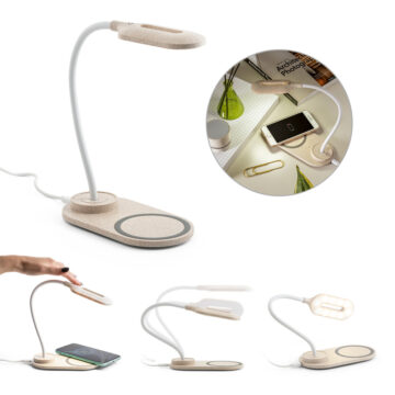 Luminária de mesa com carregador por indução (wireless) super-rápido (15W) em ABS e fibra de palha de trigo