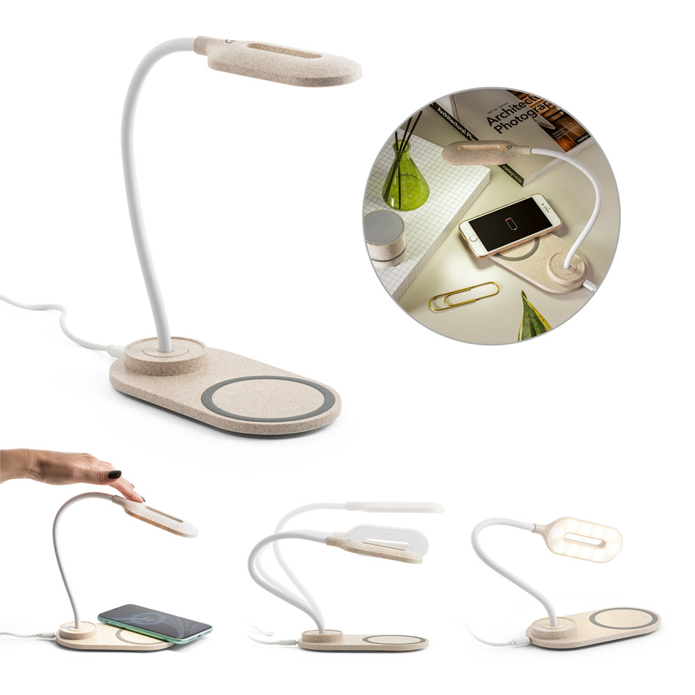 Luminária de mesa com carregador por indução (wireless) super-rápido (15W) em ABS e fibra de palha de trigo