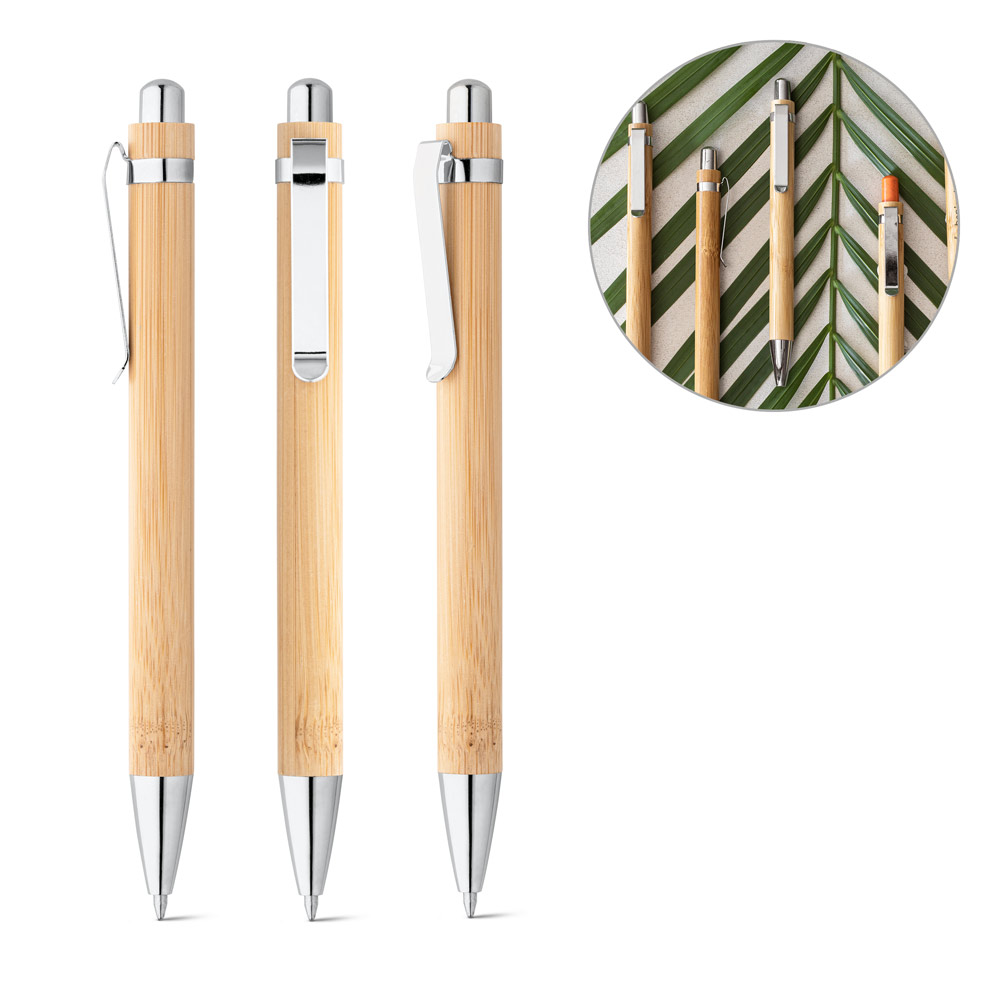 Esferográfica em bambu com escrita em azul