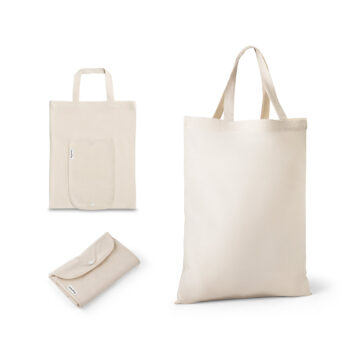 Sacola dobrável em 50% algodão, 30% algodão reciclado e 20% poliéster reciclado (140 g/m²)