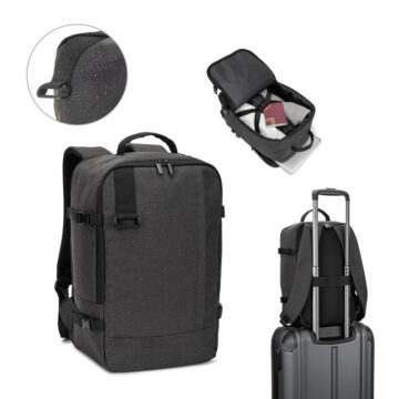 Mochila desenvolvida para cumprir as dimensões exigidas pelas companhias aéreas em poliéster reciclado 600D de alta densidade com acabamento repelente à água 20 L