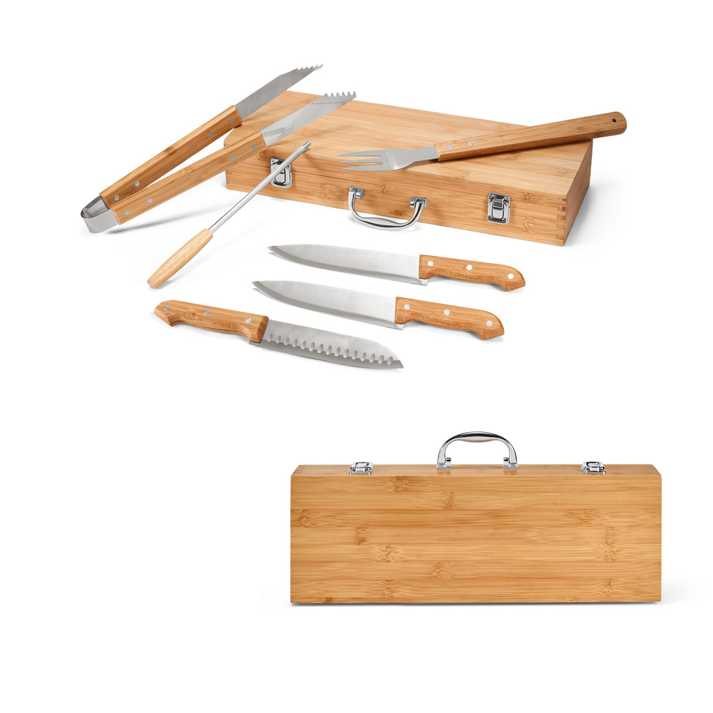 Kit churrasco em estojo de bambu com 6 peças em aço inox e bambu