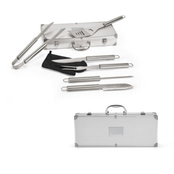 Kit churrasco em estojo de alumínio com luva de cozinha em poliéster e 6 utensílios em aço inox