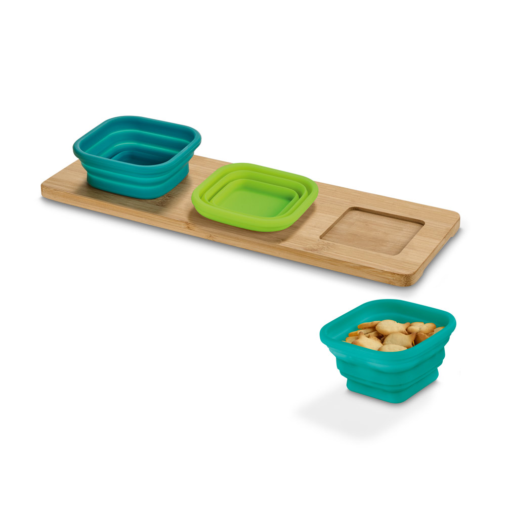 Base de mesa em bambu com 3 potes em silicone