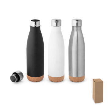 Garrafa em aço inox de parede dupla térmica, isolada a vácuo, com tampa em aço inox e base em cortiça 560 mL