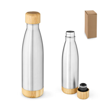 Garrafa em aço inox 90% reciclado de parede dupla térmica, isolada a vácuo com tampa em bambu 800 mL