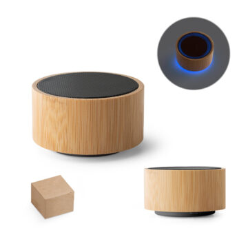 Caixa de som portátil em bambu e ABS com microfone e autonomia de 2h