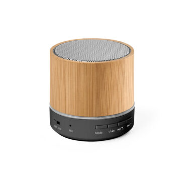 Caixa de som portátil em bambu e ABS 100% reciclado com microfone e autonomia de 4h30